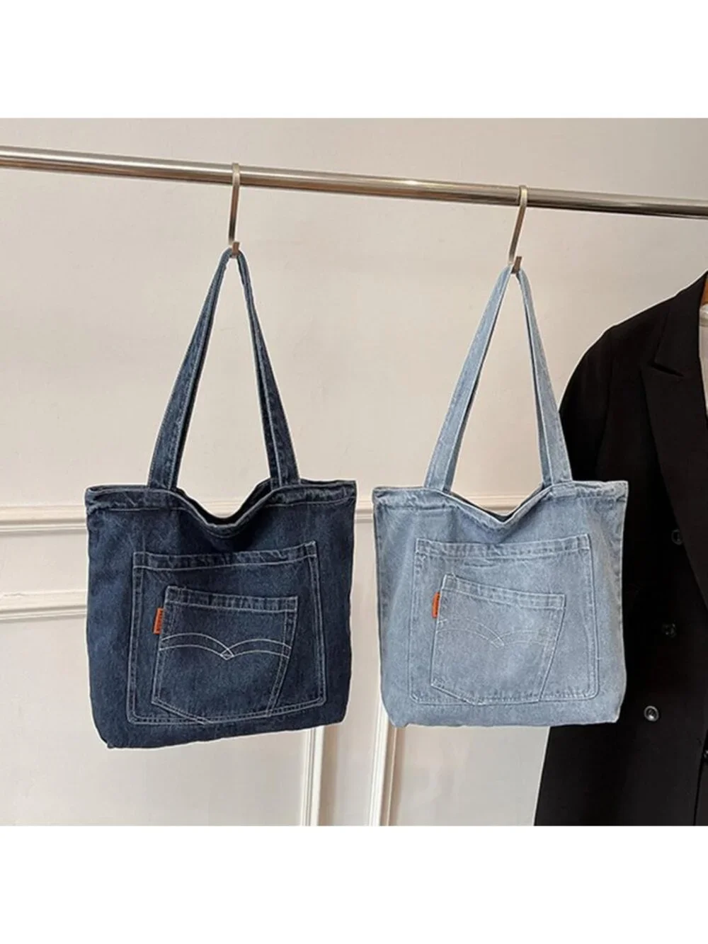 Large Retro Denim Tote Bag for Work, Travel, College - Stylish Canvas Shoulder